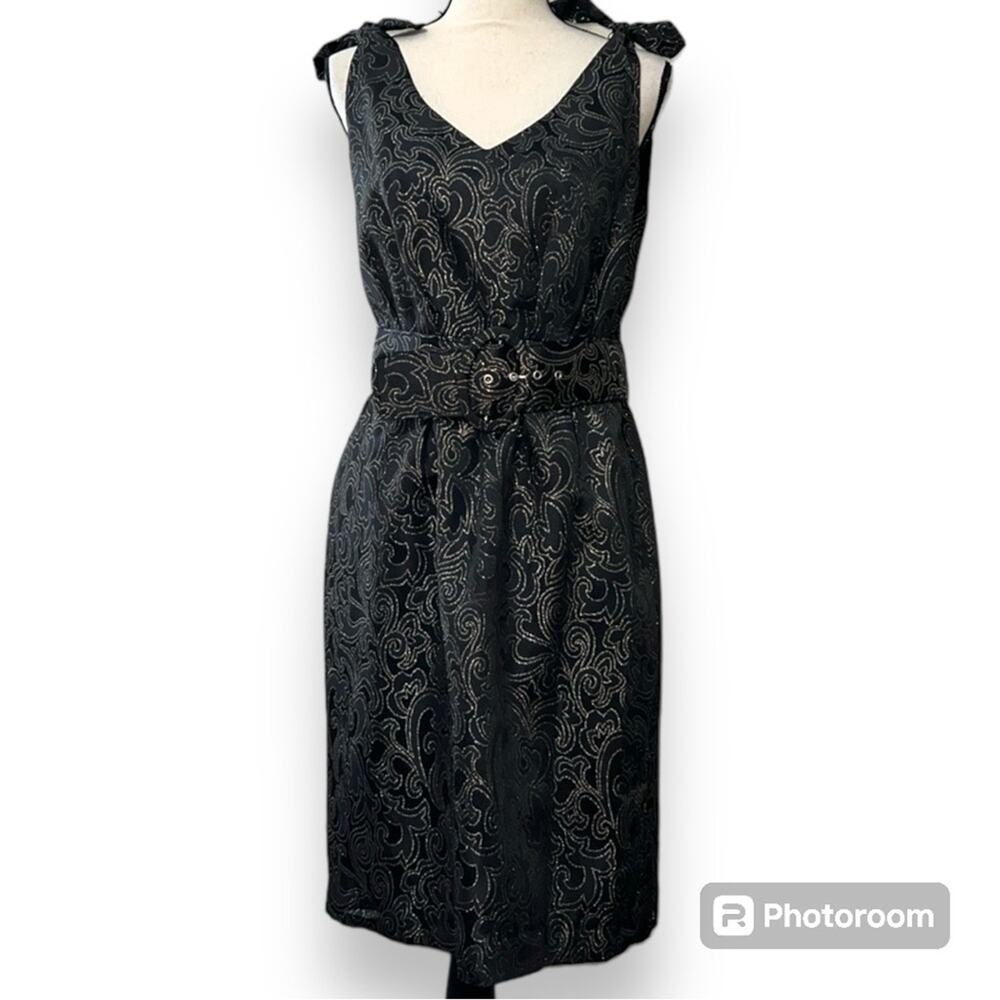 Spense women's 10 black gold metallic v neck sleeveless dress belt bow shoulder